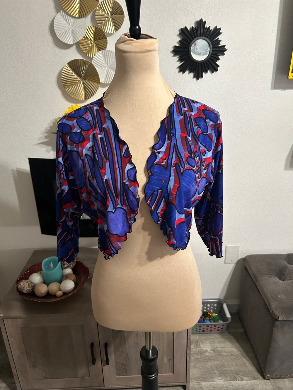 Vibrant Blue & Red Floral Cropped Cardigan